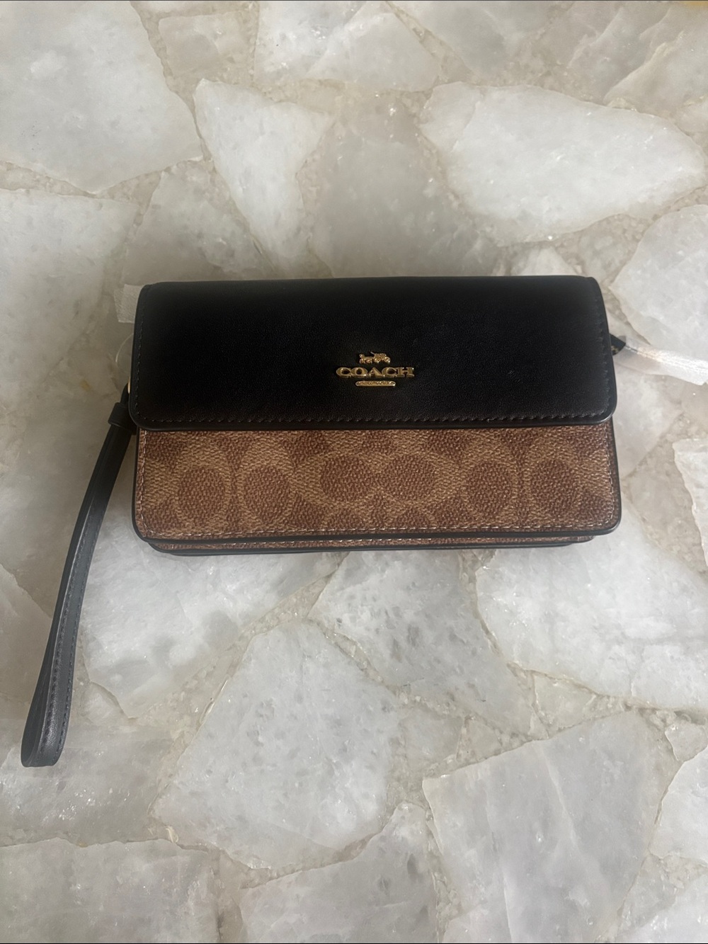 Coach Brown Signature Canvas Clutch with Black Leather Flap